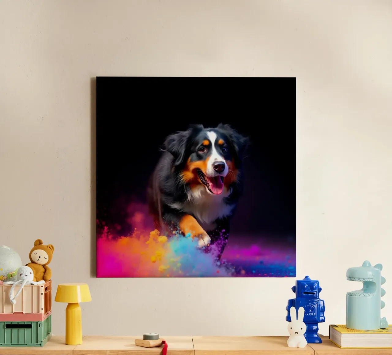 The colorful Bernese Mountain Dog #108 canvas with Floater frame by Yumis.Beargang.and.Me