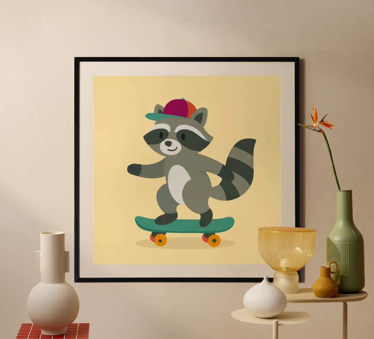 Skateboard-Waschbär mit Basecap – Cooles Kinderdesign Poster mit Holzrahmen von namosh