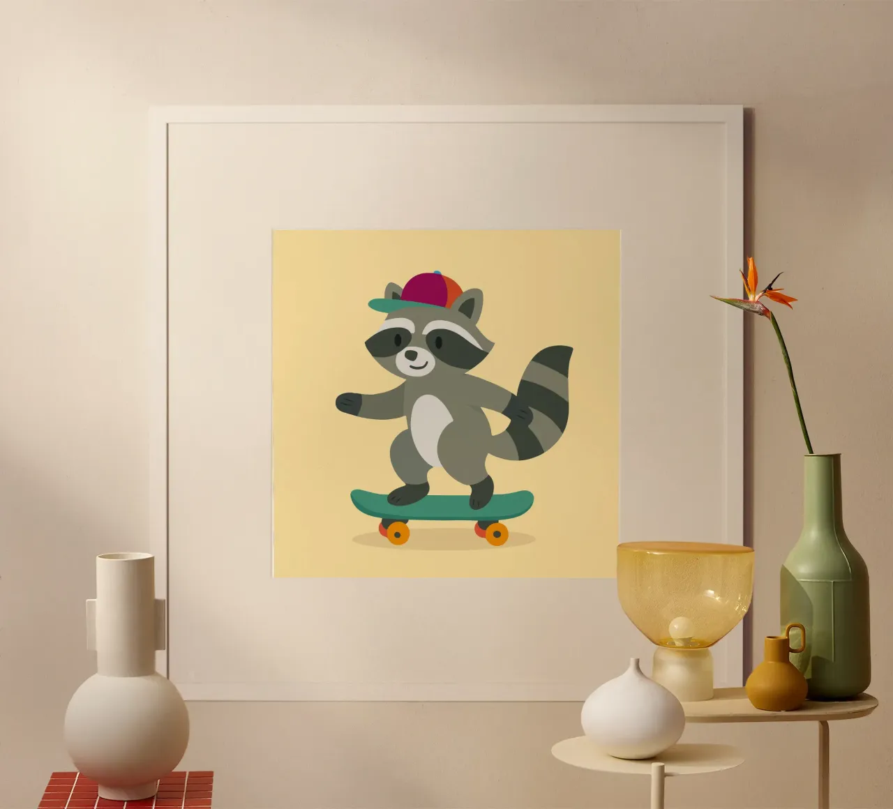 Skateboard-Waschbär mit Basecap – Cooles Kinderdesign Poster mit Holzrahmen von namosh