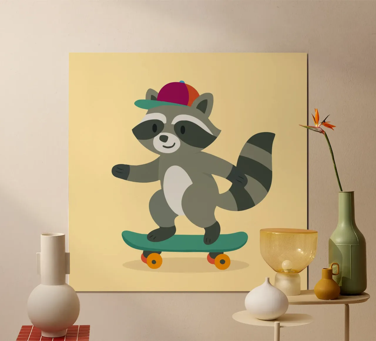 Skateboard-Waschbär mit Basecap – Cooles Kinderdesign Poster mit Holzrahmen von namosh
