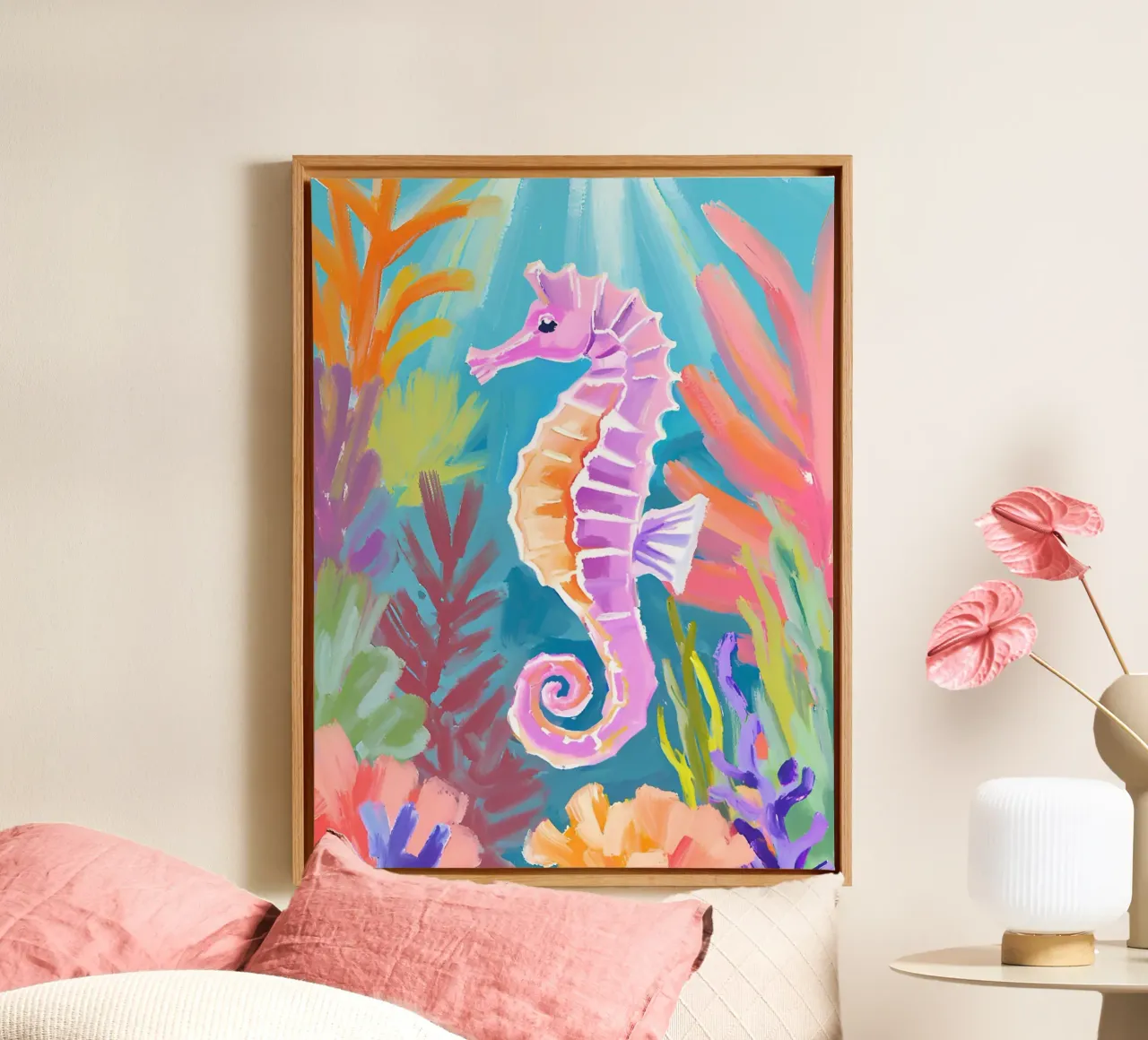 🪸🐚 Cavalluccio marino viola | Paradiso pastello tela con Cornice a cassetta da Trinkets NL Design Studio