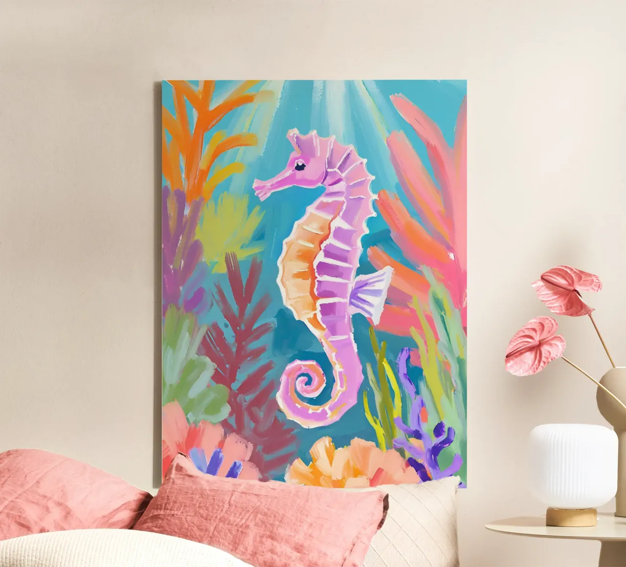 🪸🐚 Cavalluccio marino viola | Paradiso pastello tela con Cornice a cassetta da Trinkets NL Design Studio