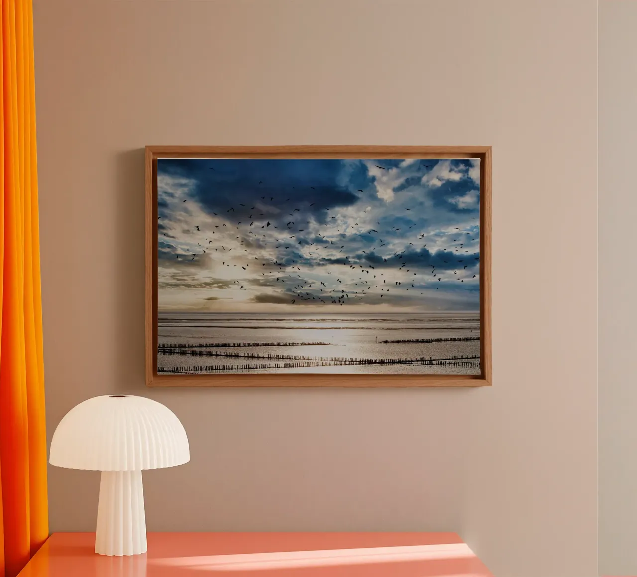 Wattlandschaft mit Vogelschwarm canvas with Floater frame by kosinsart.gallery
