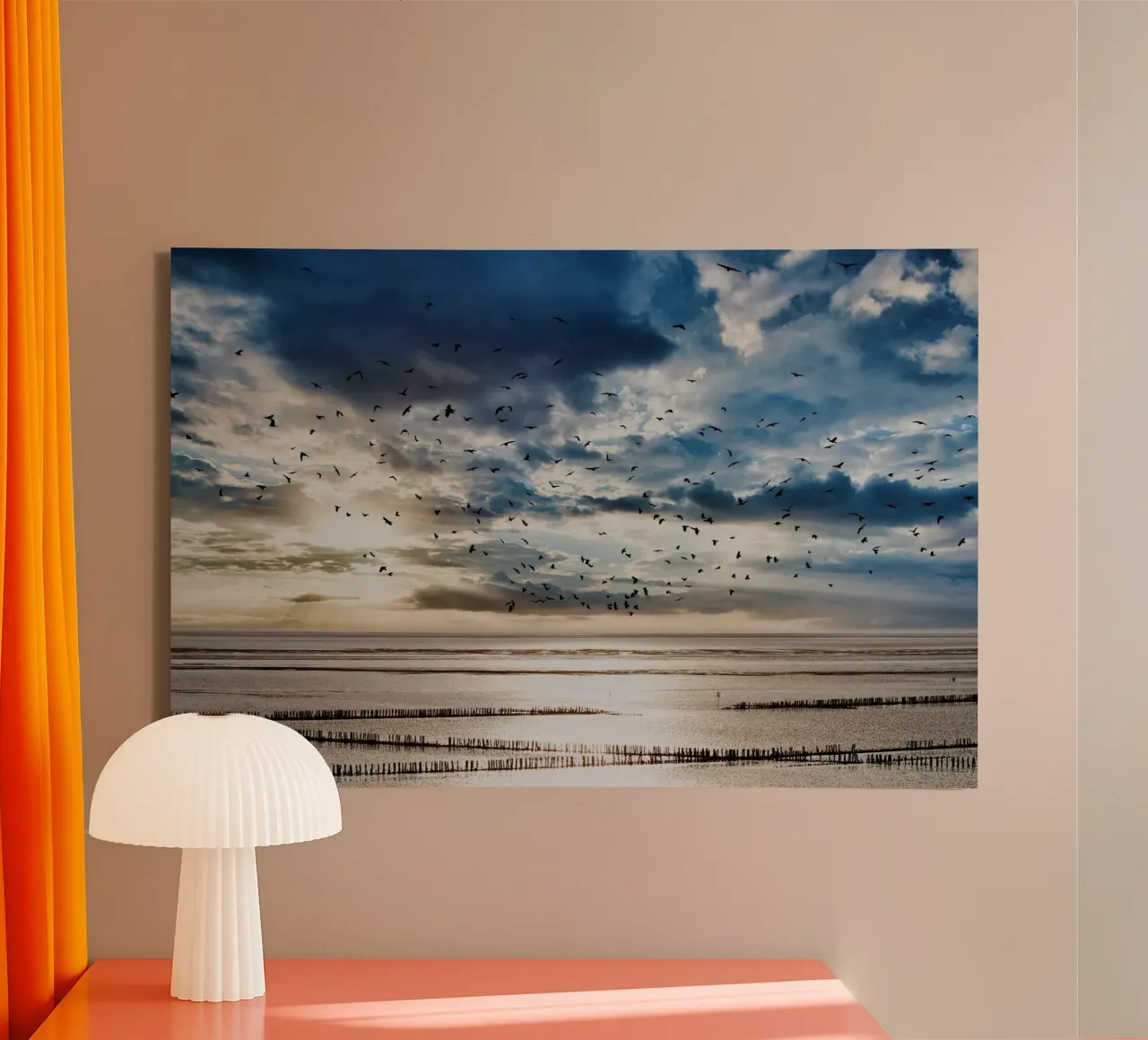 Wattlandschaft mit Vogelschwarm canvas with Floater frame by kosinsart.gallery