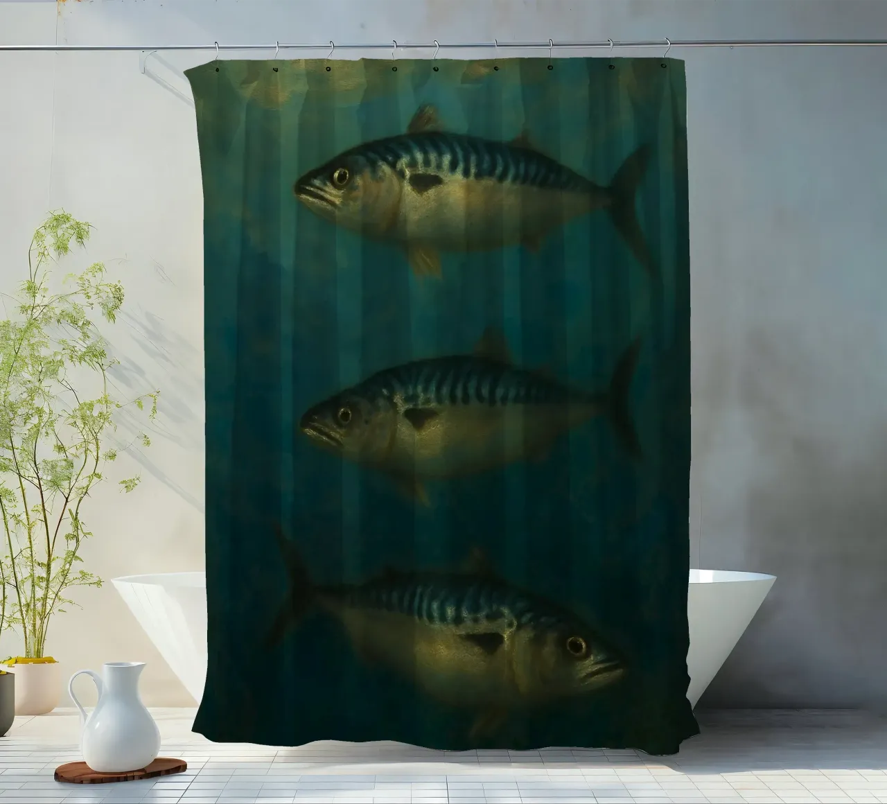 Mackerel Depths shower curtain by Mosaic Dialogue