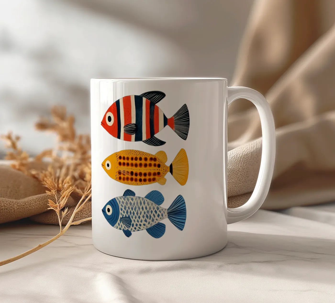 Three fish ceramic mug by Curious Canvas