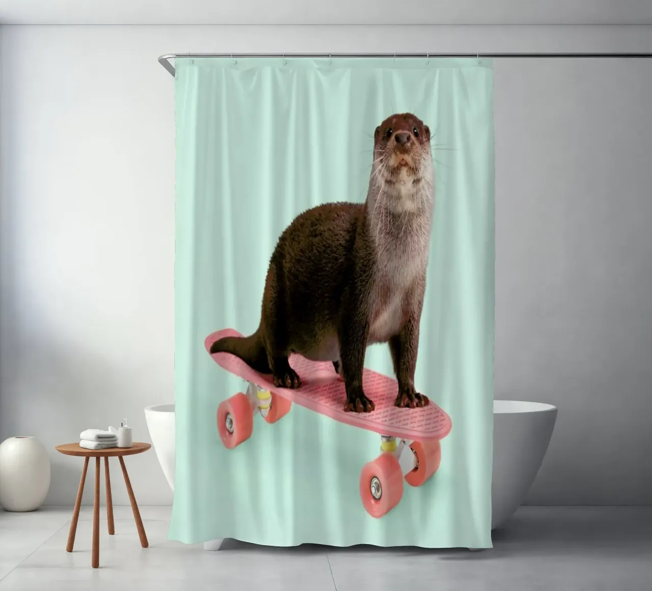 Skate Otter shower curtain by Paul Fuentes Design