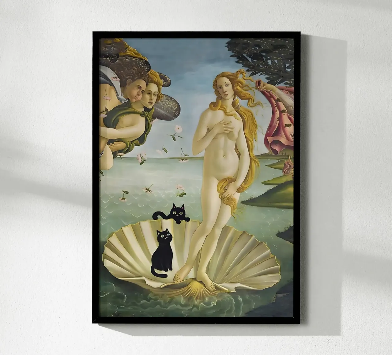The Birth of Venus with two Black Cats Botticelli 1485 poster con telaio in plastica da GoArt