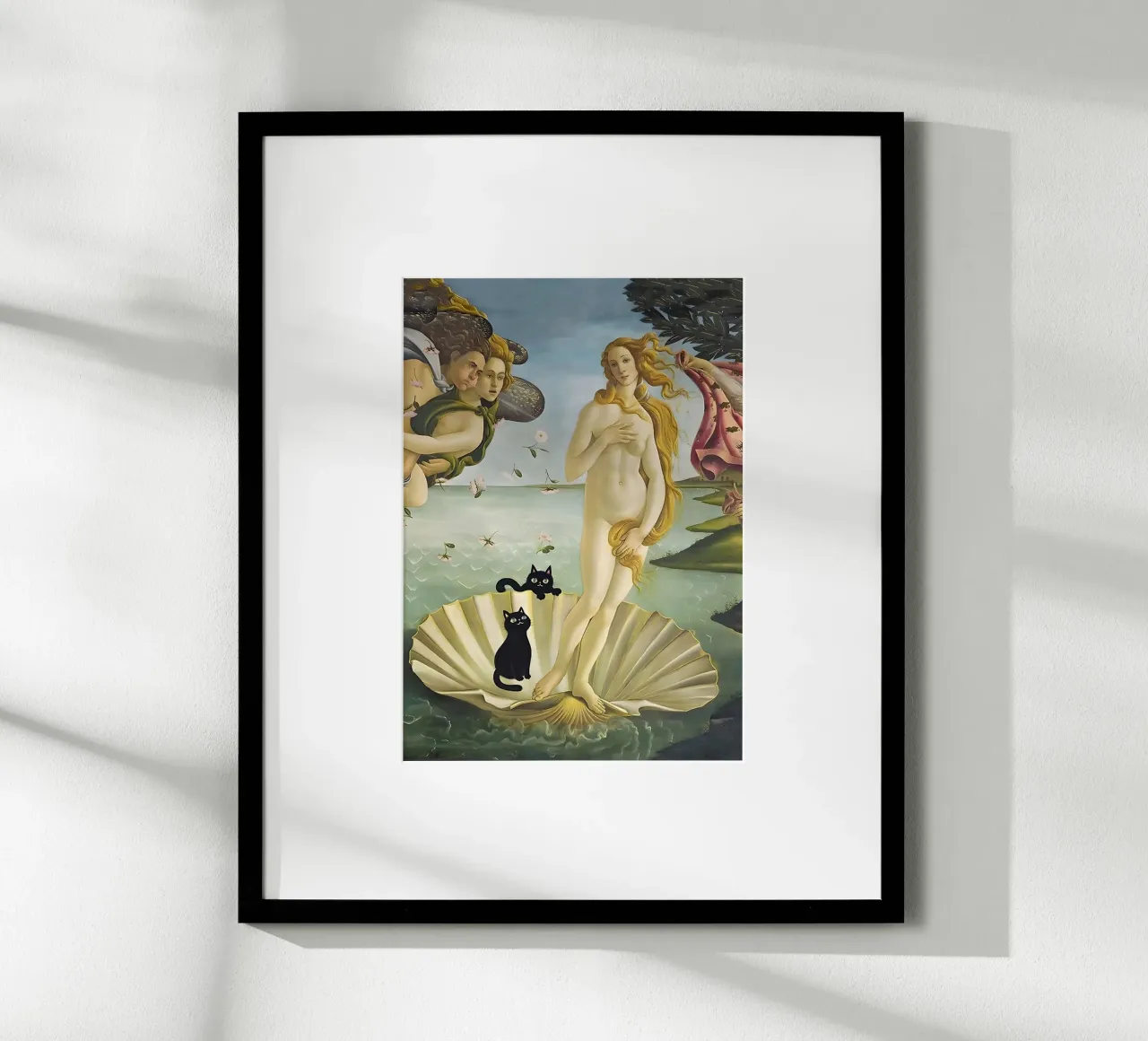 The Birth of Venus with two Black Cats Botticelli 1485 poster con telaio in plastica da GoArt