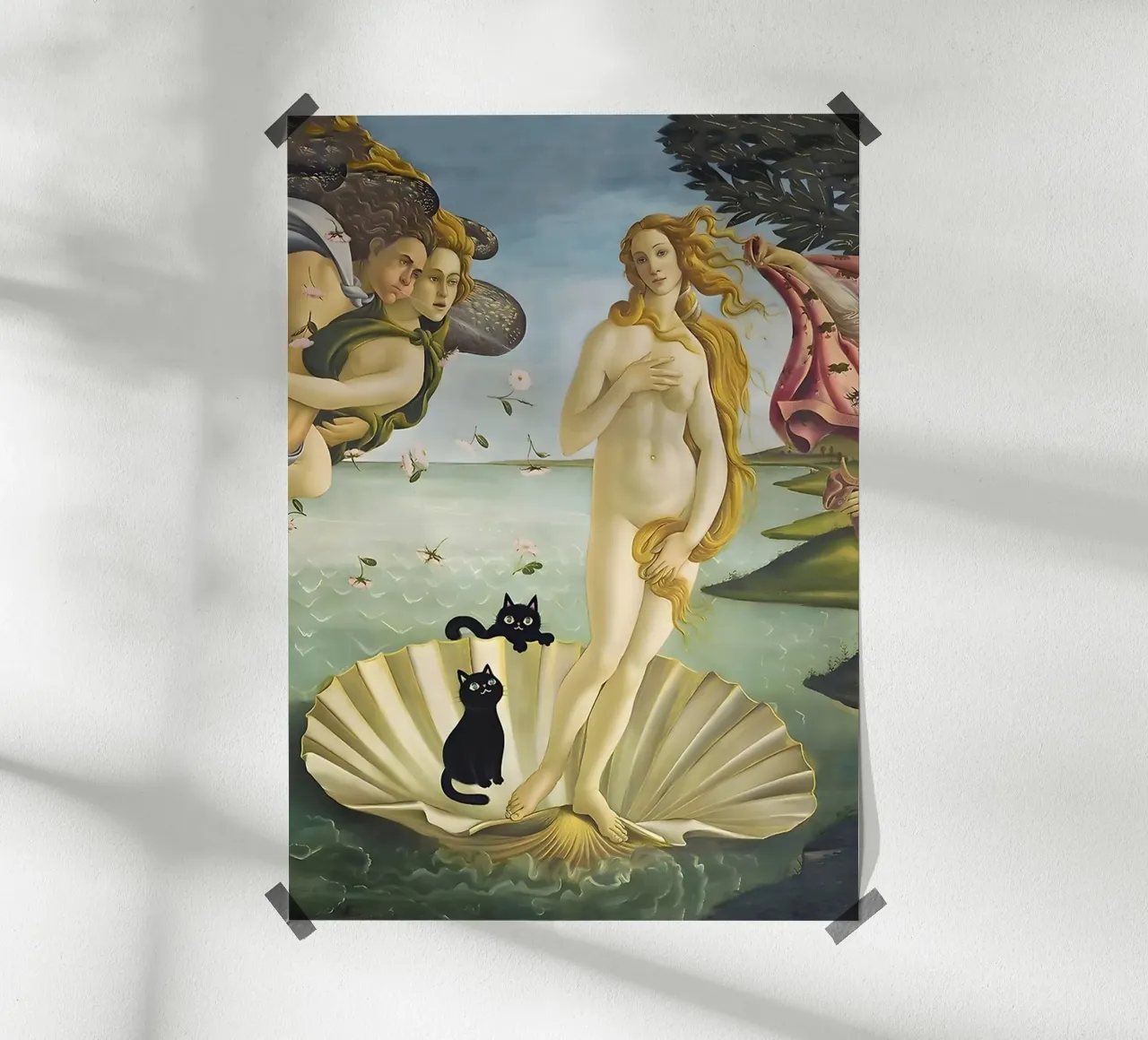 The Birth of Venus with two Black Cats Botticelli 1485 poster con telaio in plastica da GoArt