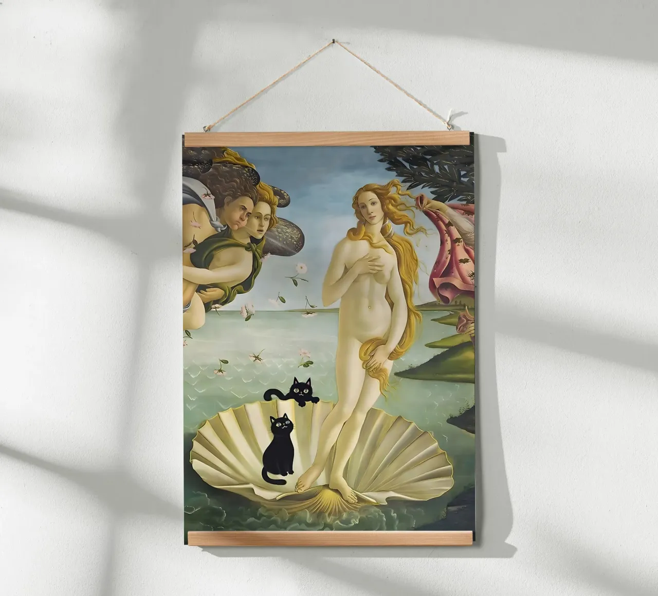 The Birth of Venus with two Black Cats Botticelli 1485 poster con telaio in plastica da GoArt