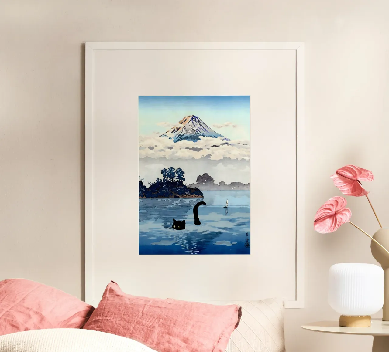 Cat in Lake Kawaguchi Tago Koitsu poster con telaio in plastica da GoArt