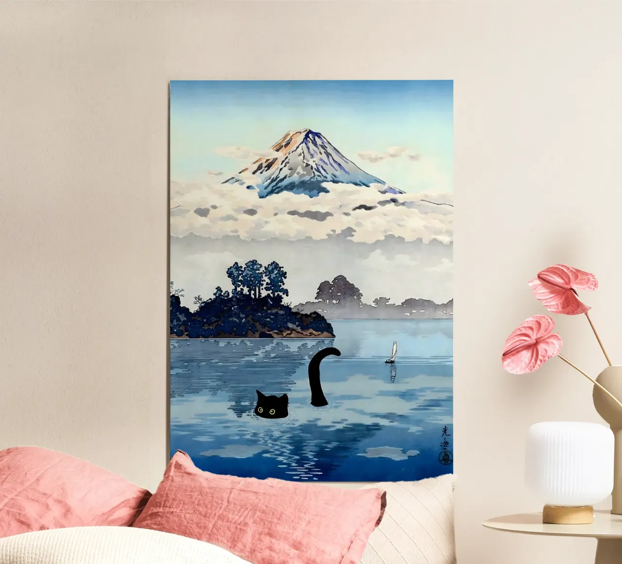 Cat in Lake Kawaguchi Tago Koitsu poster con telaio in plastica da GoArt