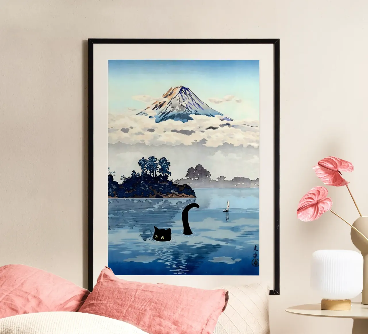 Cat in Lake Kawaguchi Tago Koitsu poster con telaio in plastica da GoArt