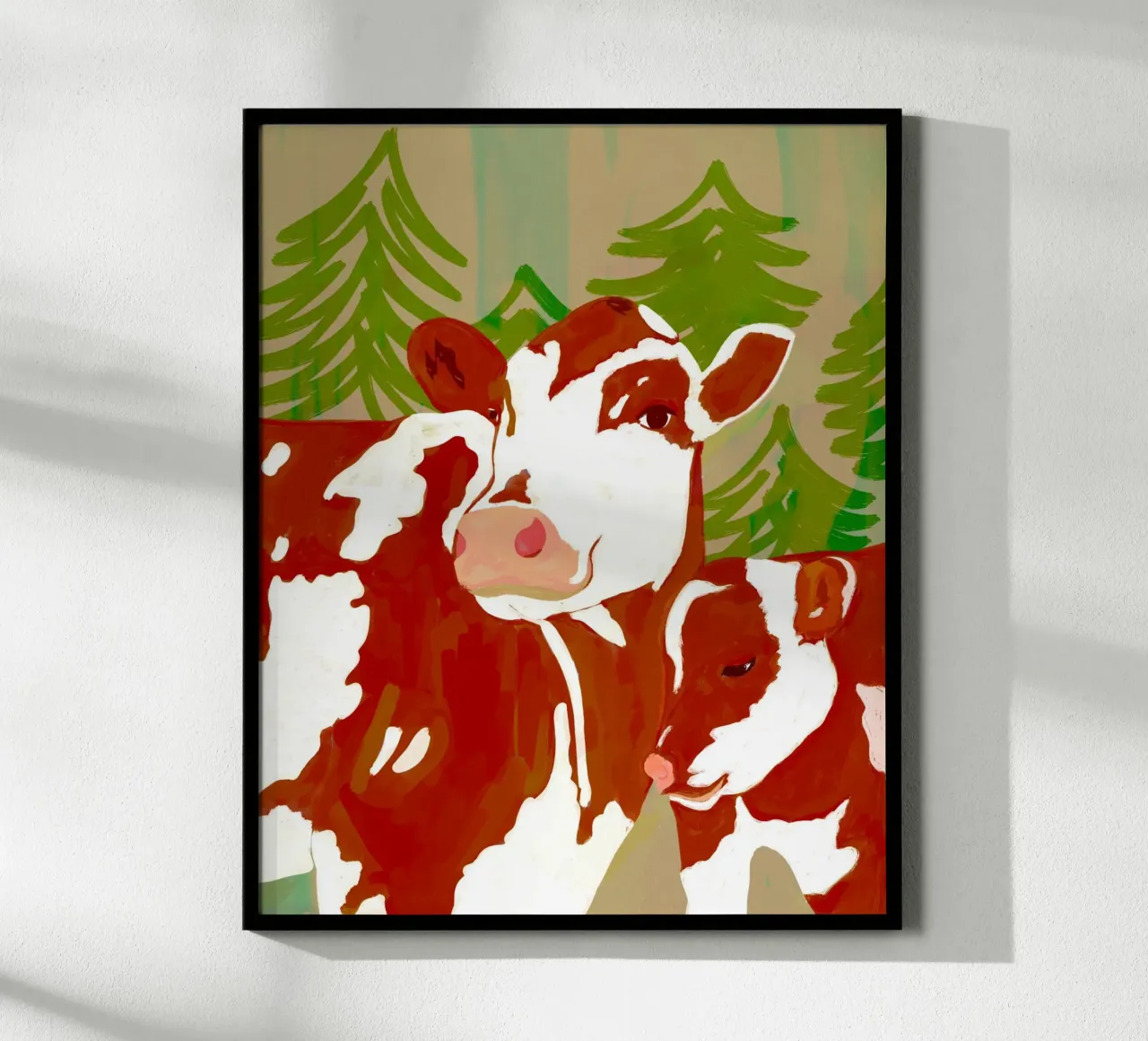Amore di mamma - Mucca e vitello abbracciati nel bosco carta hahnemühle da 83oranges