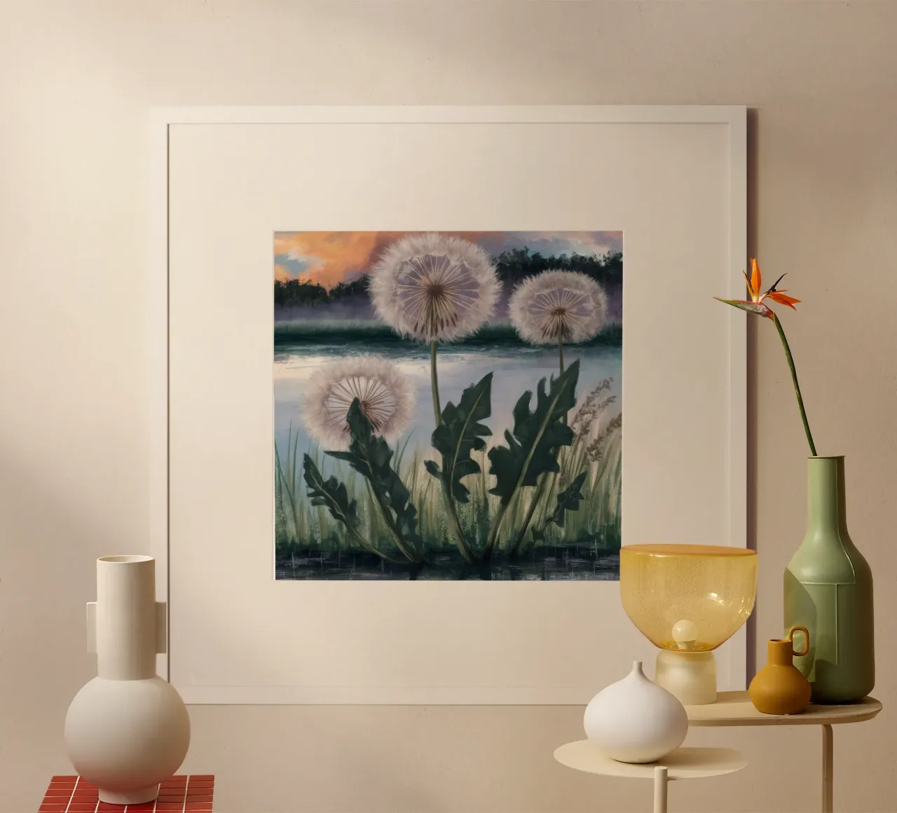 Coro della luna di dente di leone poster con telaio in plastica da Verve Pigments
