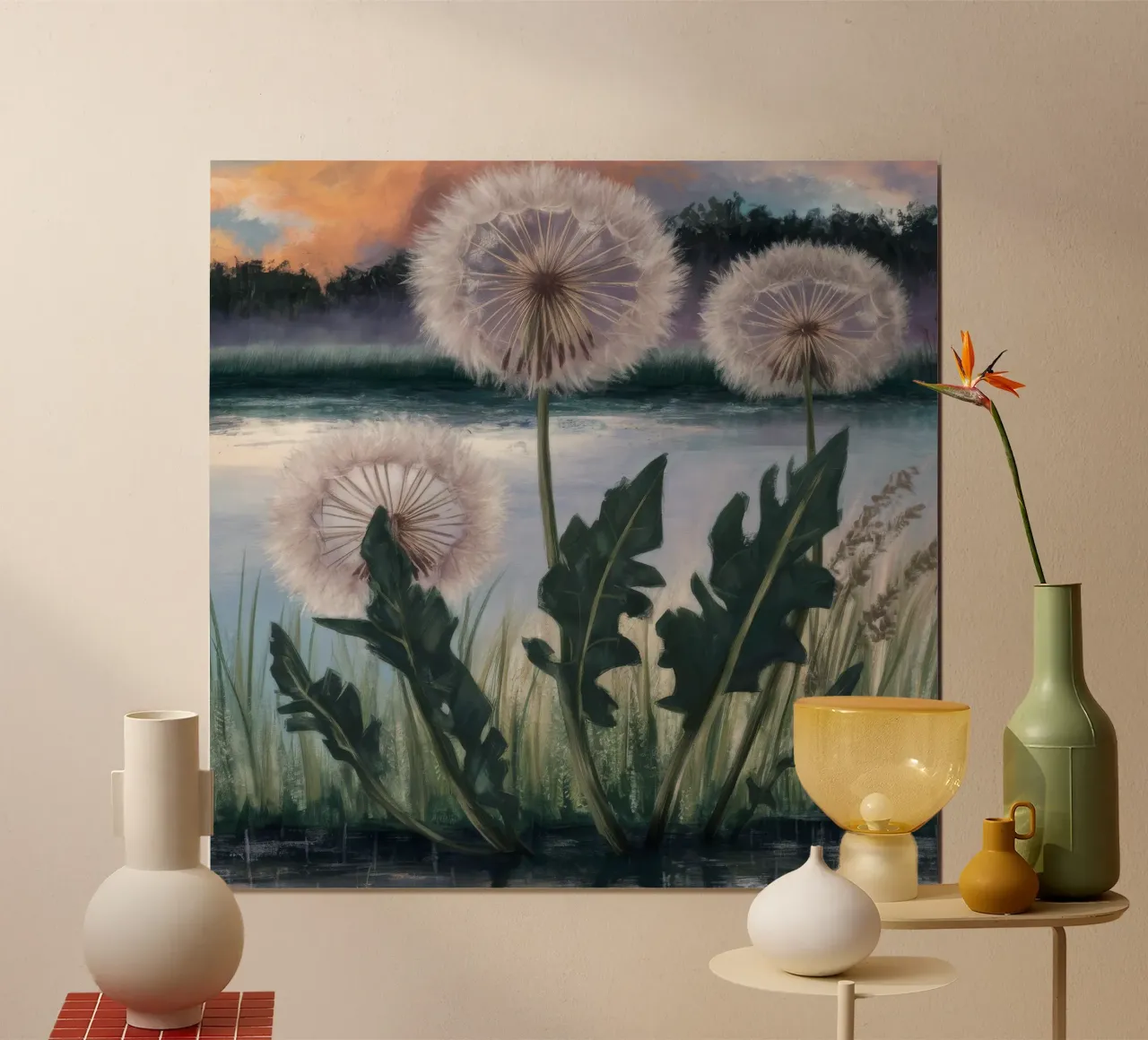 Coro della luna di dente di leone poster con telaio in plastica da Verve Pigments