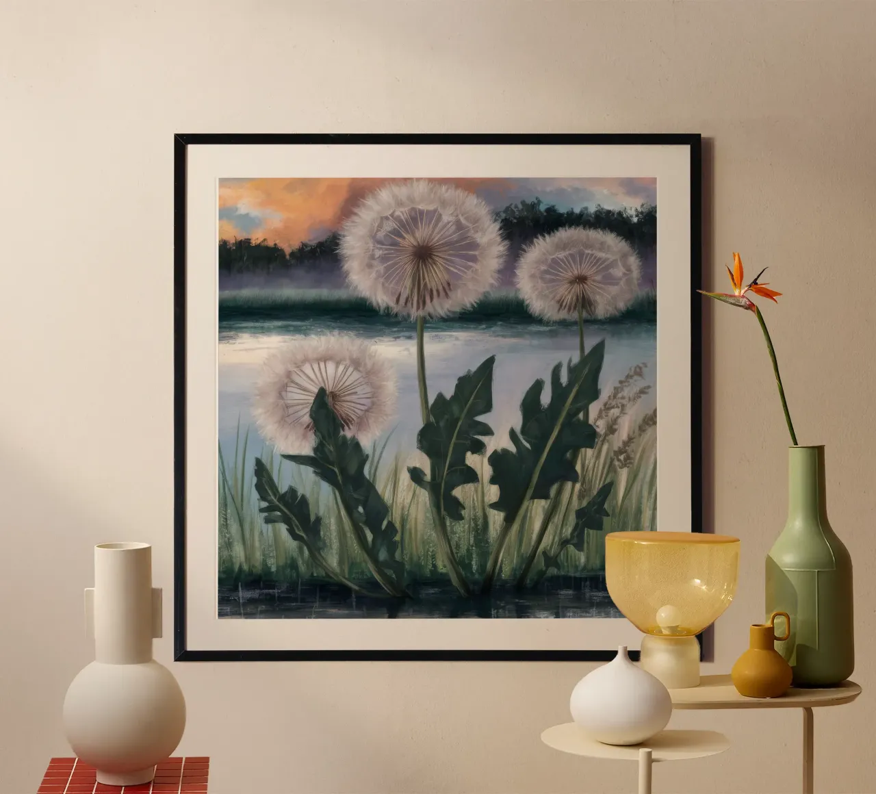 Coro della luna di dente di leone poster con telaio in plastica da Verve Pigments