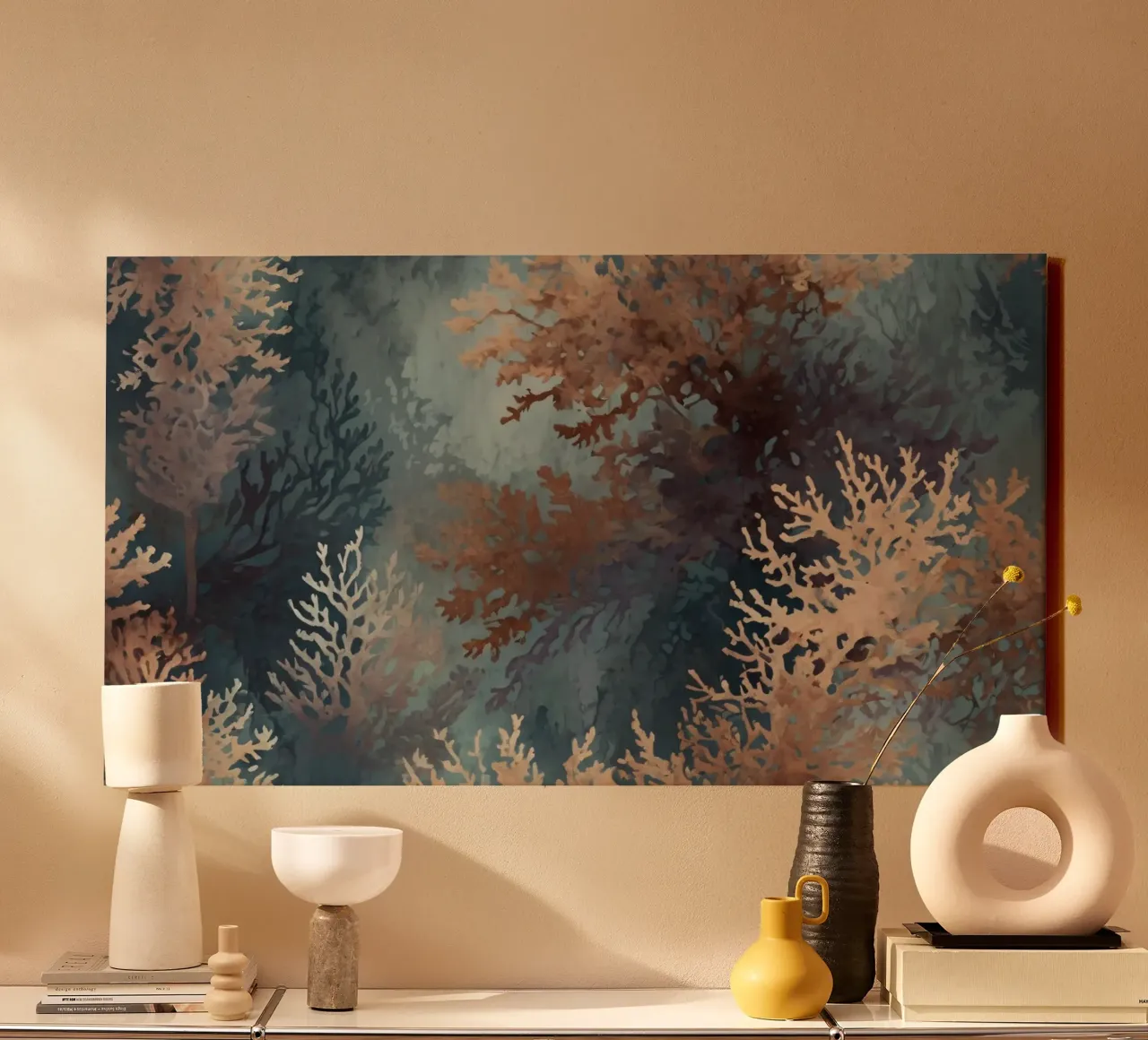 Kleurrijk onderwaterkoraalrif met verschillende koraalstructuren canvas met Baklijst van DesignDoodle