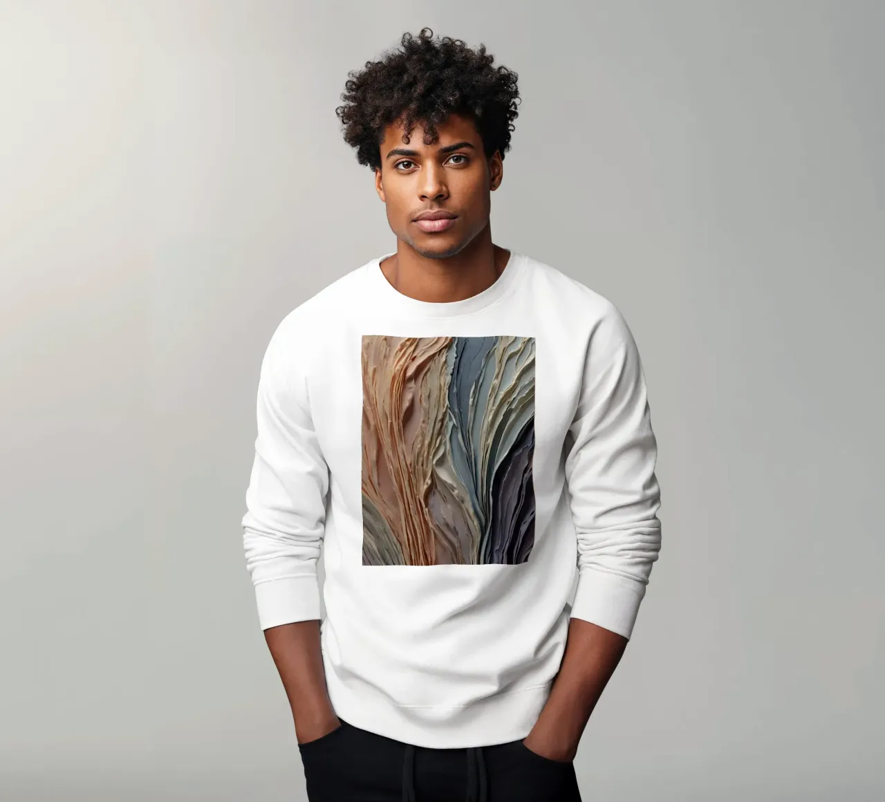 Abstract textured artwork showcasing layered paint in warm sweatshirt by DesignDoodle