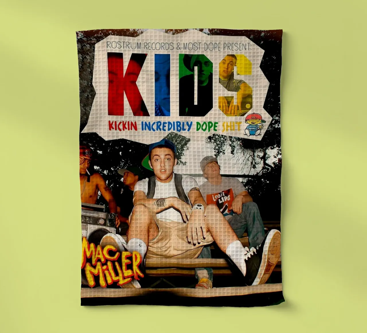 Cover Album Kids Mac Miller tea towel by rockytamoe