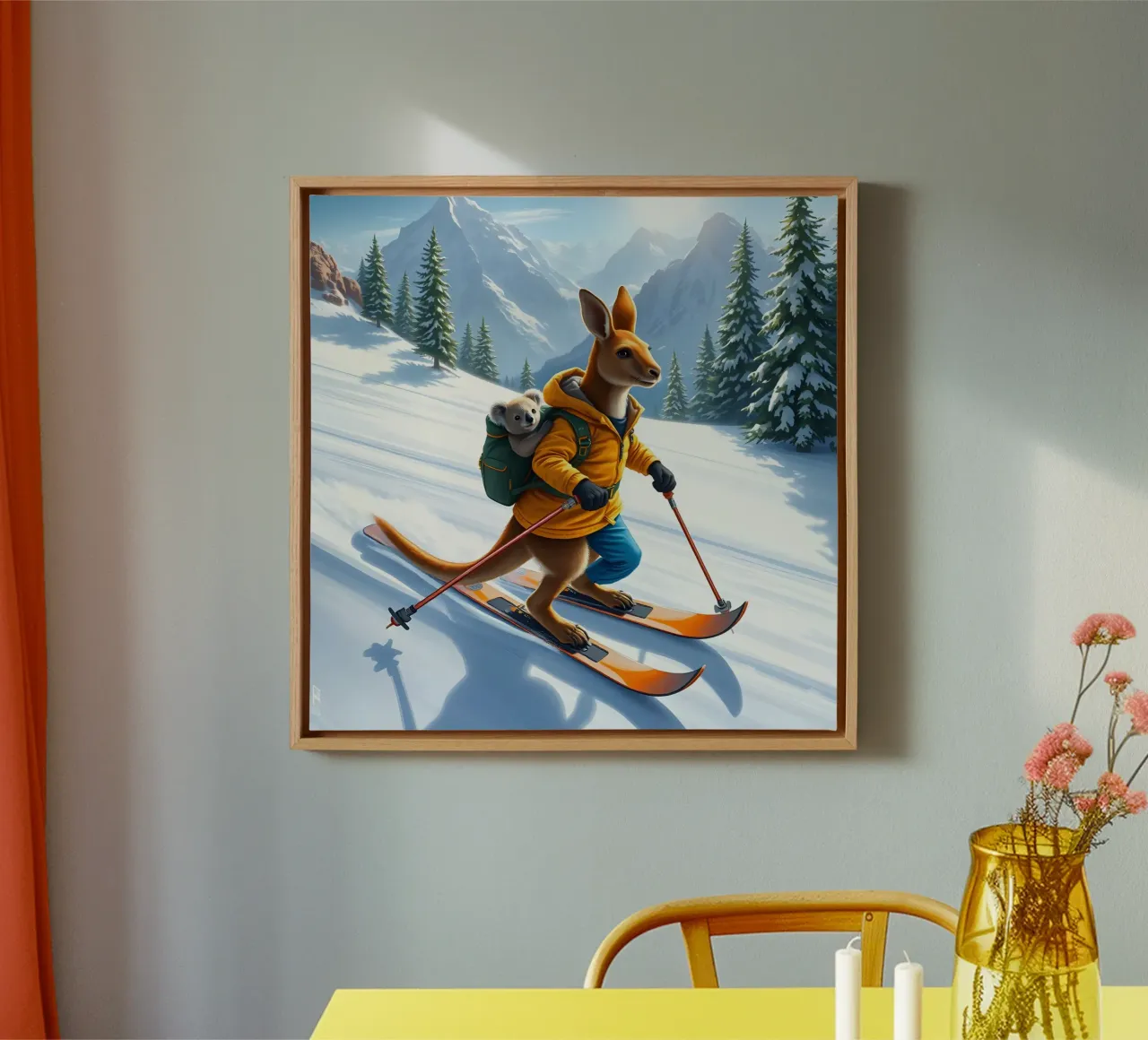 Skifahrendes Känguru Leinwand mit Schattenfugenrahmen von Anita's Dream