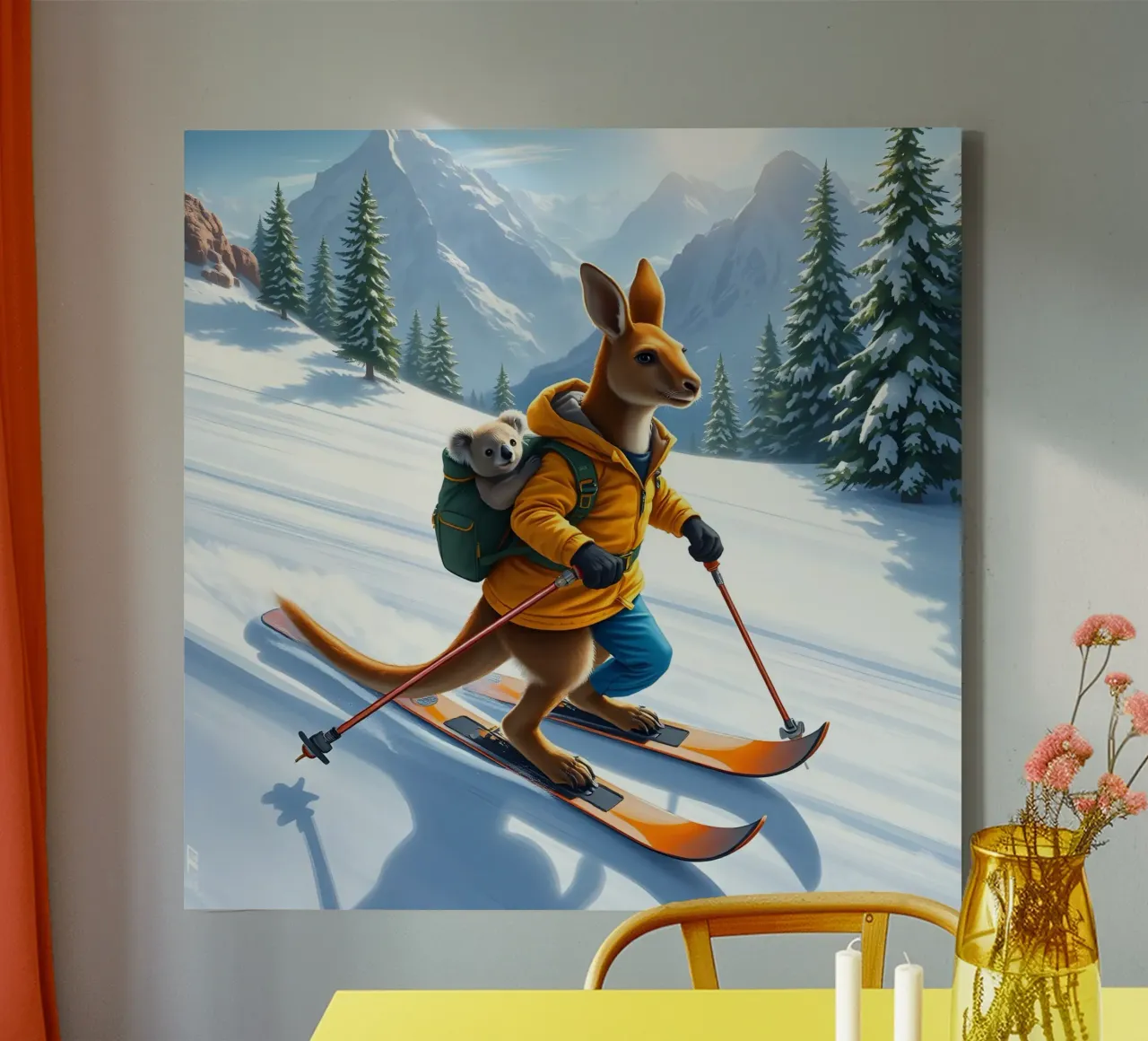 Skifahrendes Känguru Leinwand mit Schattenfugenrahmen von Anita's Dream