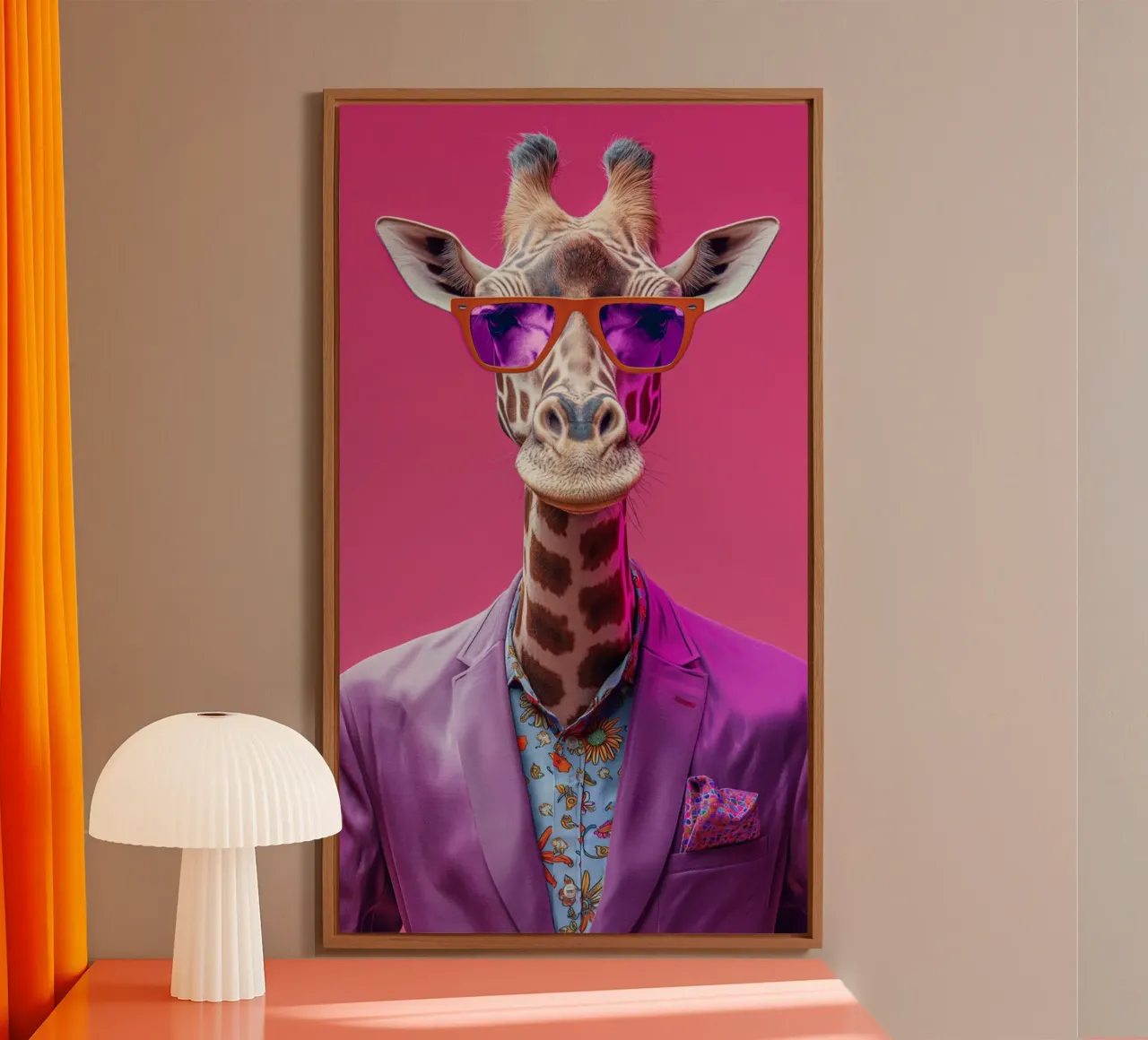 Giraffa in abiti viola alluminio dibond da Imagine