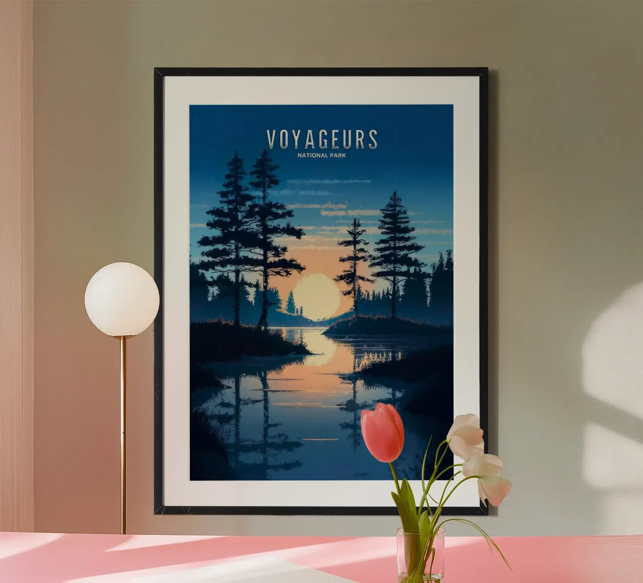 alba tramonto alberi pini lago riflessione silhouette poster con telaio in plastica da minerva santiago