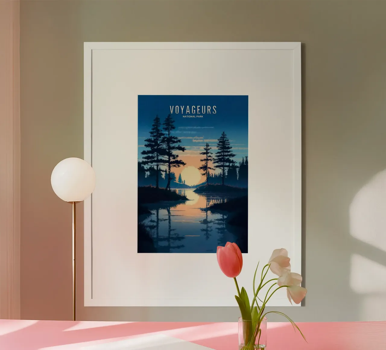 alba tramonto alberi pini lago riflessione silhouette poster con telaio in plastica da minerva santiago