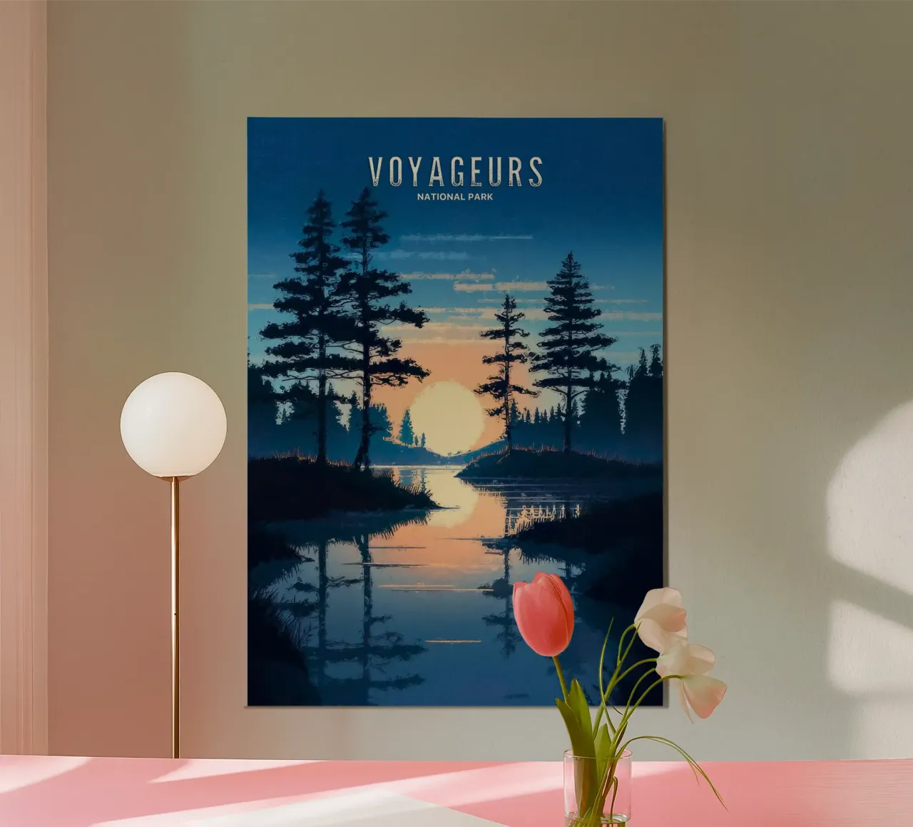 alba tramonto alberi pini lago riflessione silhouette poster con telaio in plastica da minerva santiago