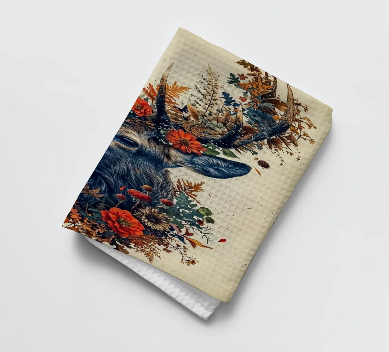 deer antlers flowers leaves autumn nature wildlife animal tea towel by minerva santiago