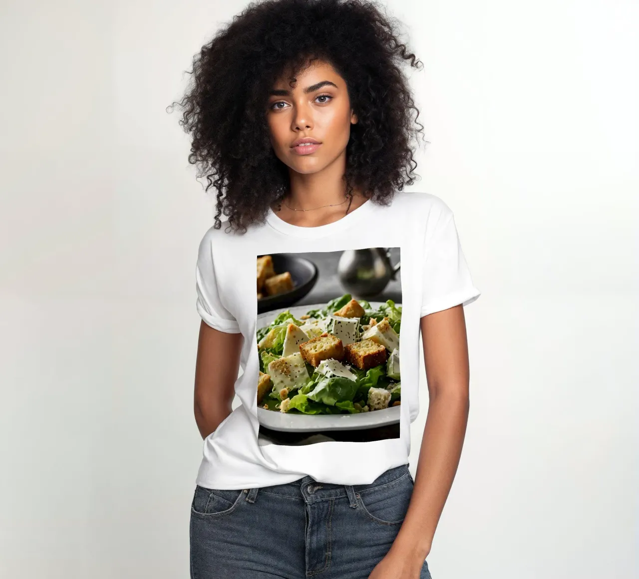 Fresh Caesar salad with crispy croutons and creamy dressing women's fitted t-shirt by DesignDoodle