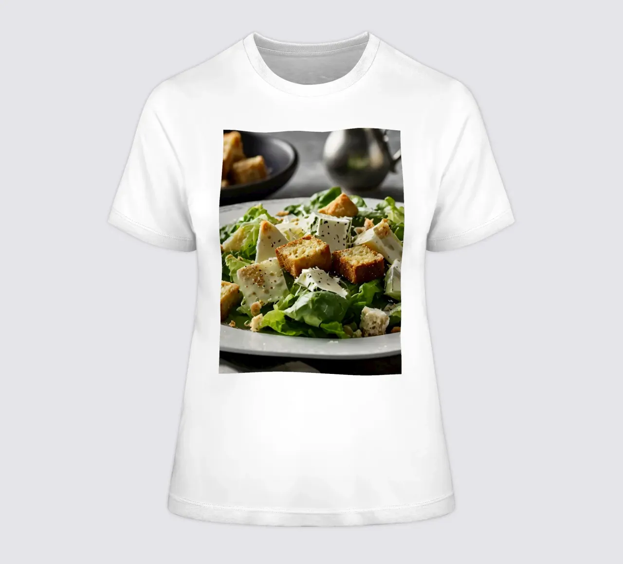 Fresh Caesar salad with crispy croutons and creamy dressing women's fitted t-shirt by DesignDoodle