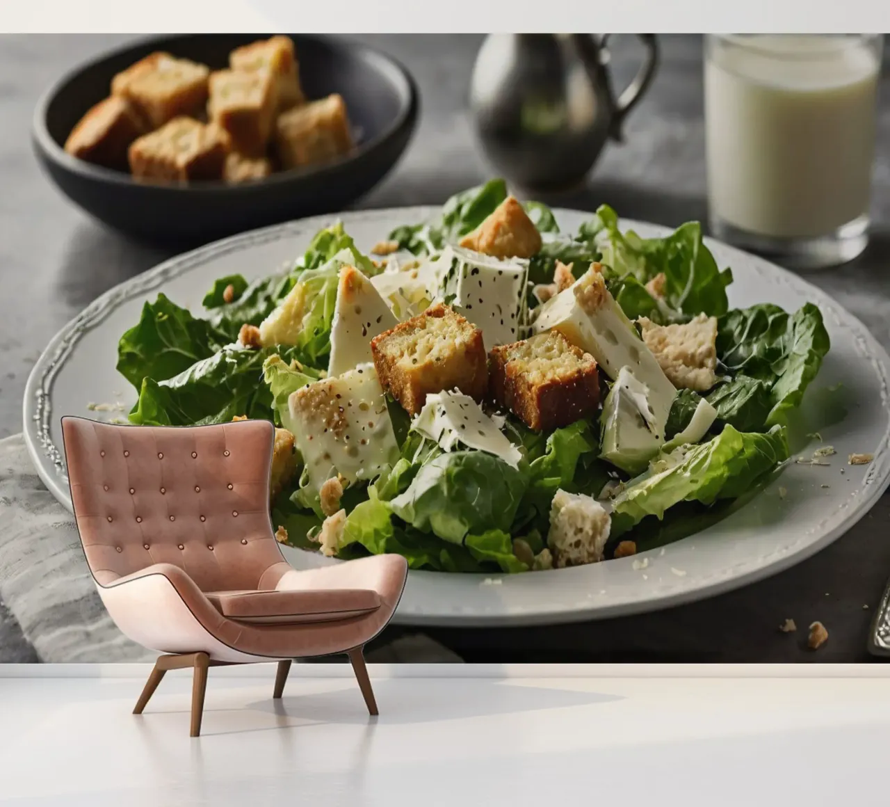 Frischer Caesar-Salat mit knusprigen Croutons und cremigem Dressing Fototapete von DesignDoodle
