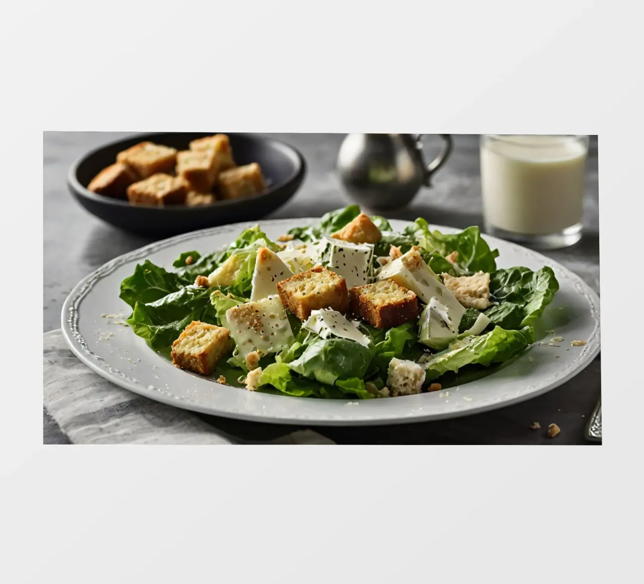 Frischer Caesar-Salat mit knusprigen Croutons und cremigem Dressing Fototapete von DesignDoodle
