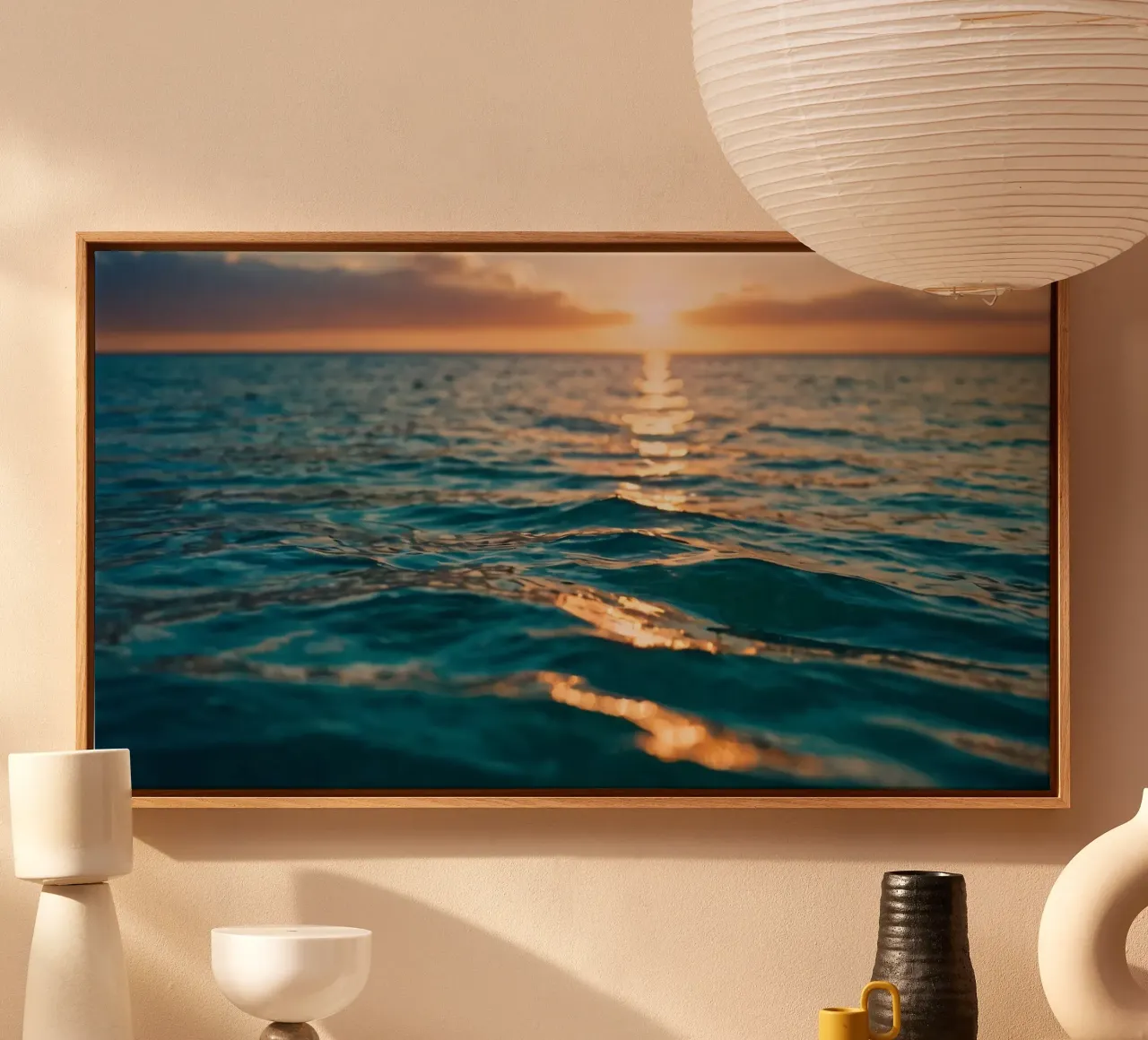 calm ocean waves reflect a vibrant sunset over calm wate canvas with Floater frame by DesignDoodle