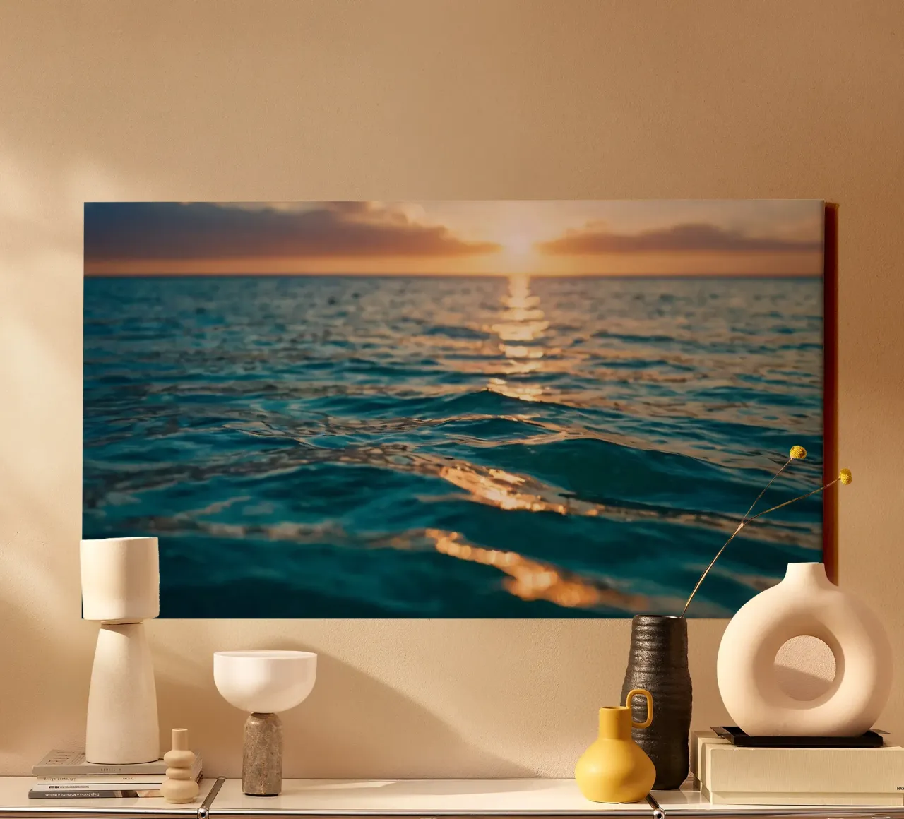 calm ocean waves reflect a vibrant sunset over calm wate canvas with Floater frame by DesignDoodle