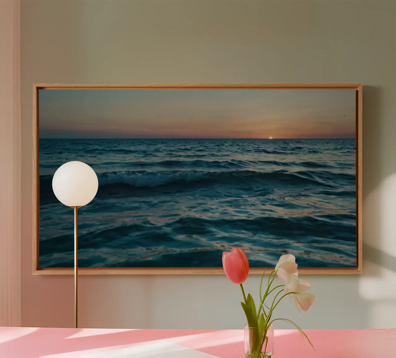 Beautiful sunset over the ocean with gentle waves reflecting canvas with Floater frame by DesignDoodle
