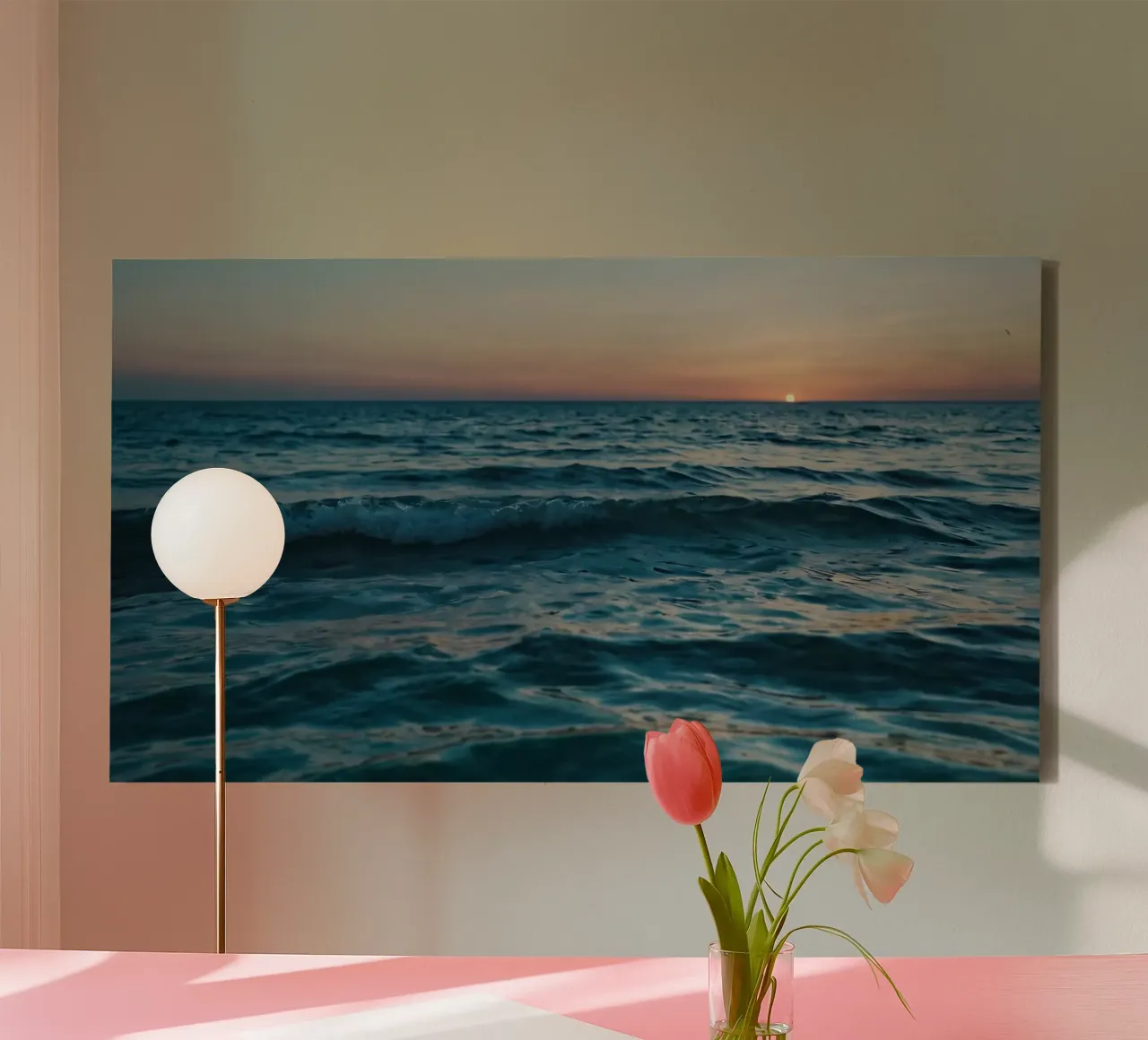 Beautiful sunset over the ocean with gentle waves reflecting canvas with Floater frame by DesignDoodle