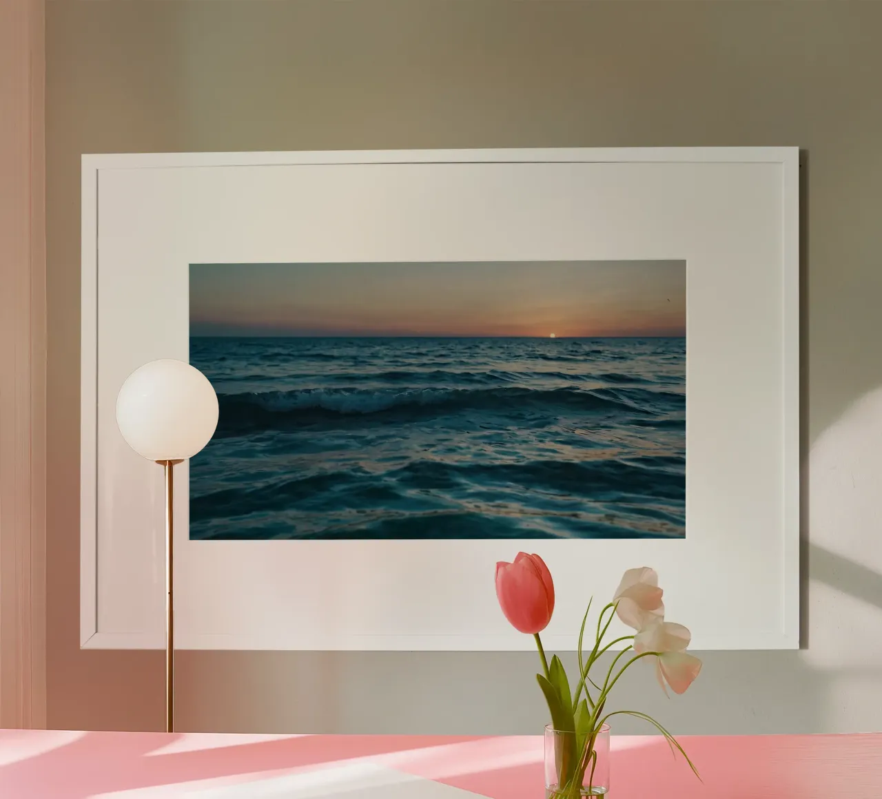Beautiful sunset over the ocean with gentle waves reflecting poster with wooden frame by DesignDoodle