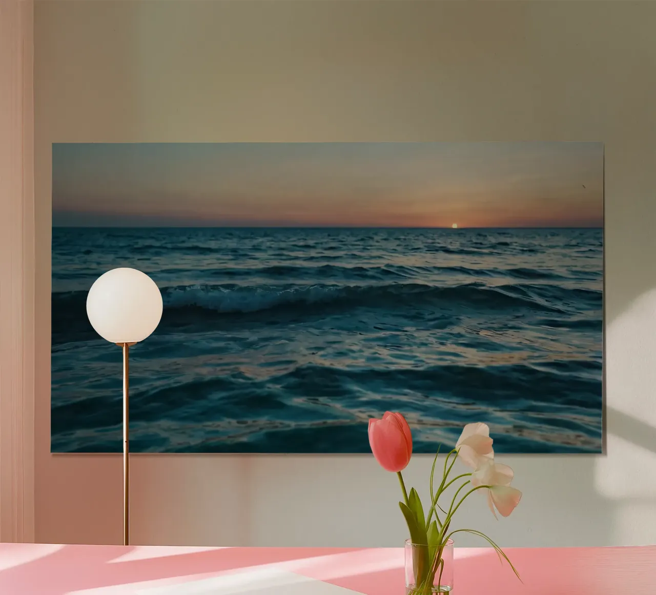 Beautiful sunset over the ocean with gentle waves reflecting poster with wooden frame by DesignDoodle