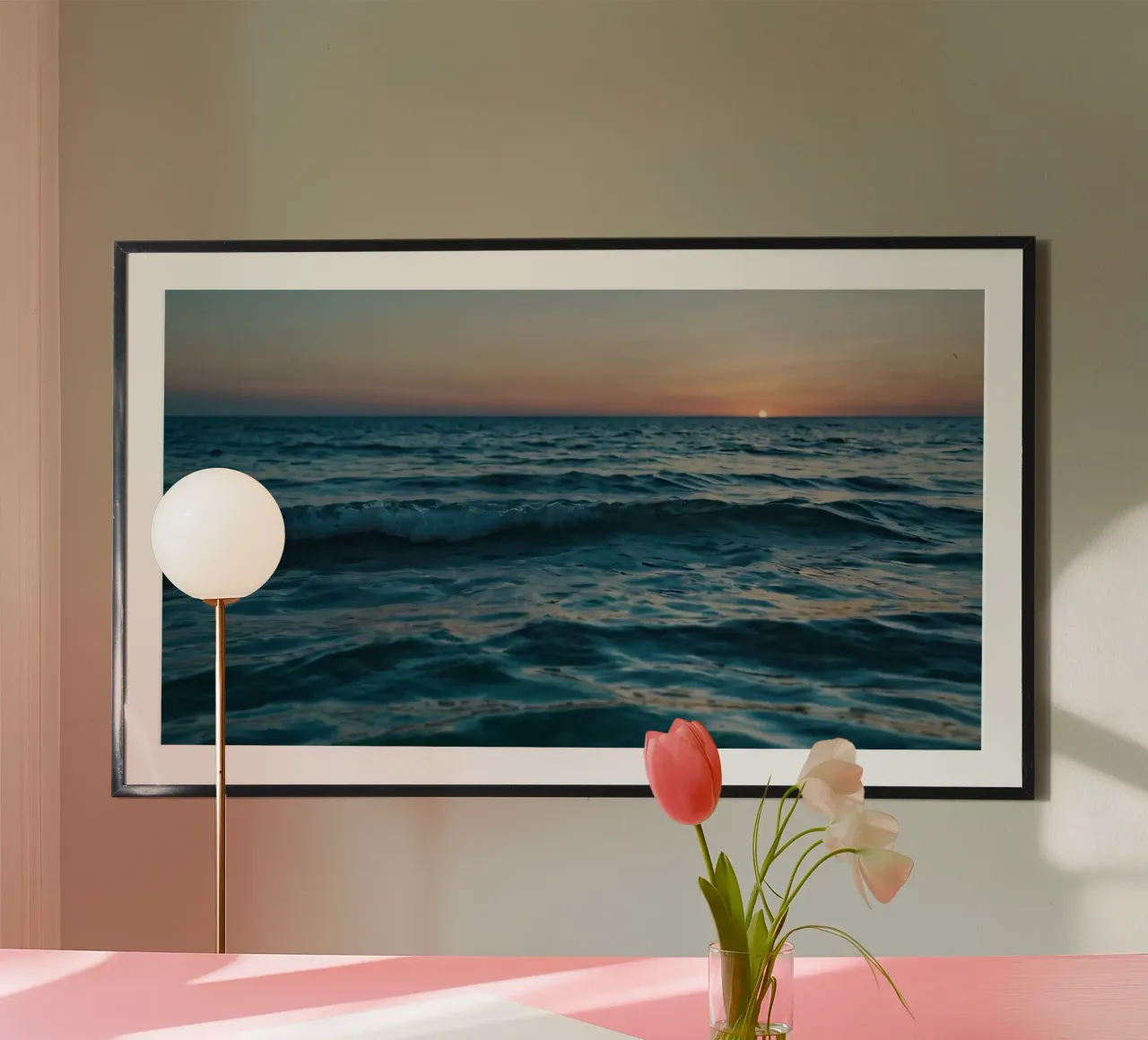 Beautiful sunset over the ocean with gentle waves reflecting poster with wooden frame by DesignDoodle
