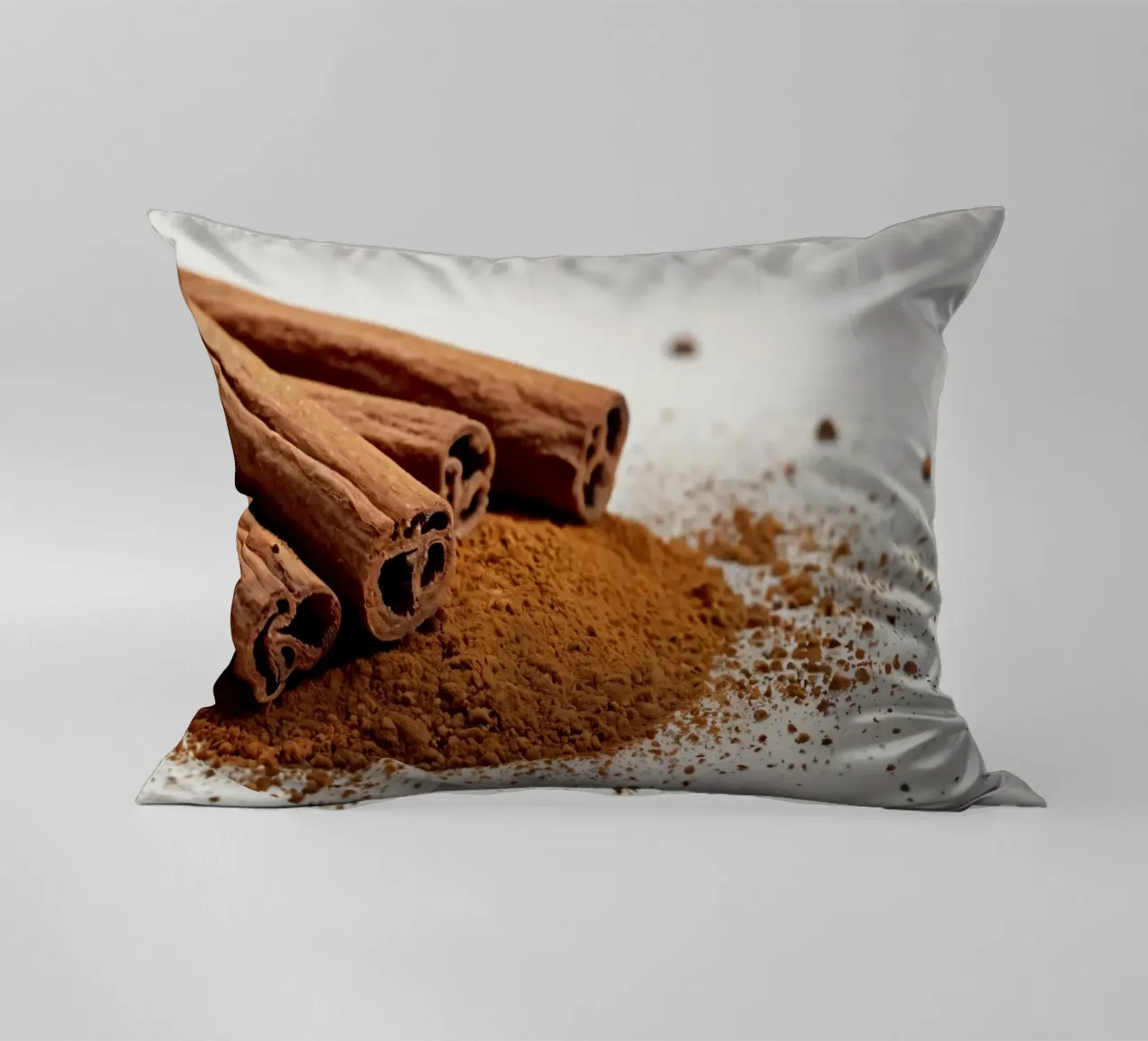 Cinnamon sticks and powder arranged neatly on white surface decorative cushion by DesignDoodle