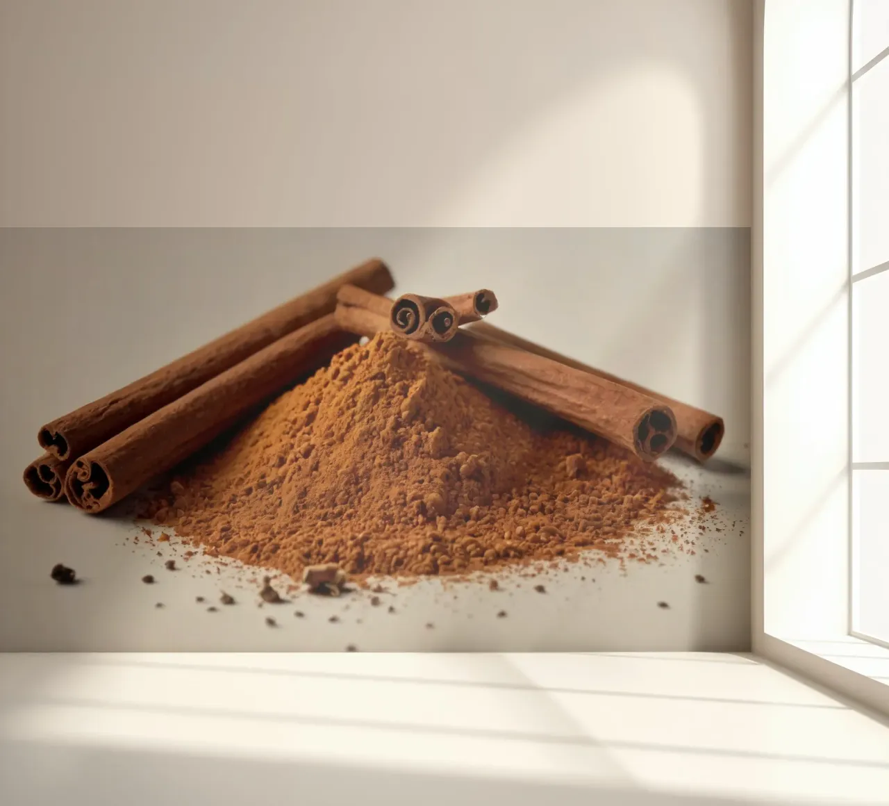 Cinnamon sticks and ground cinnamon pile arranged elegantly photo wallpaper by DesignDoodle