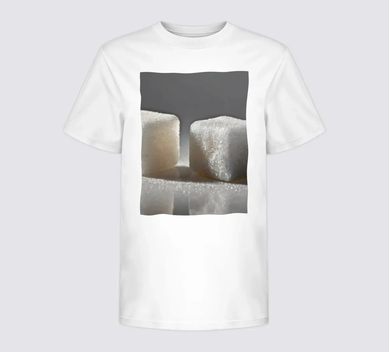 Two sugar cubes on a reflective surface with soft lighting kids t-shirt by DesignDoodle