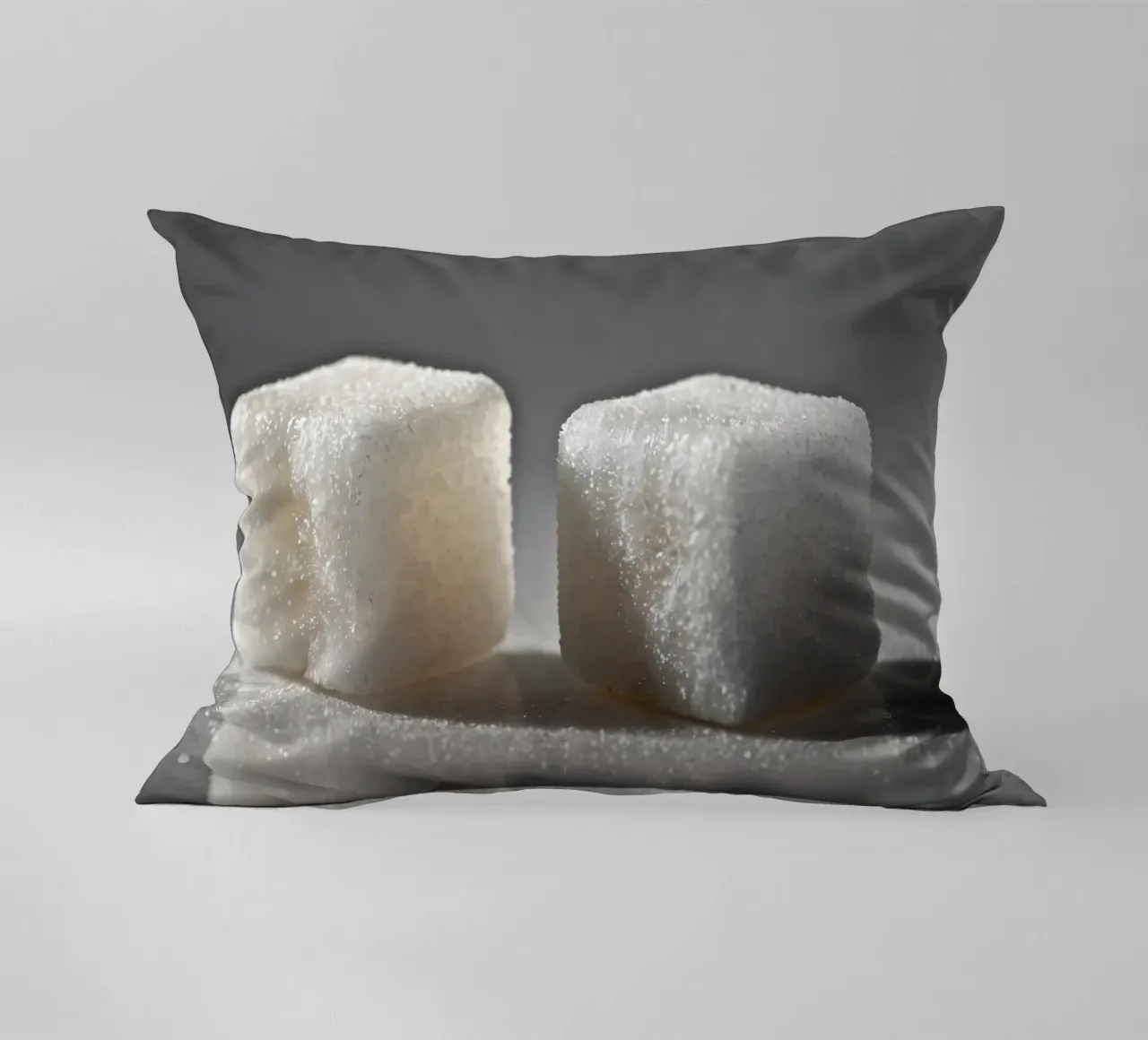 Two sugar cubes on a reflective surface with soft lighting decorative cushion by DesignDoodle