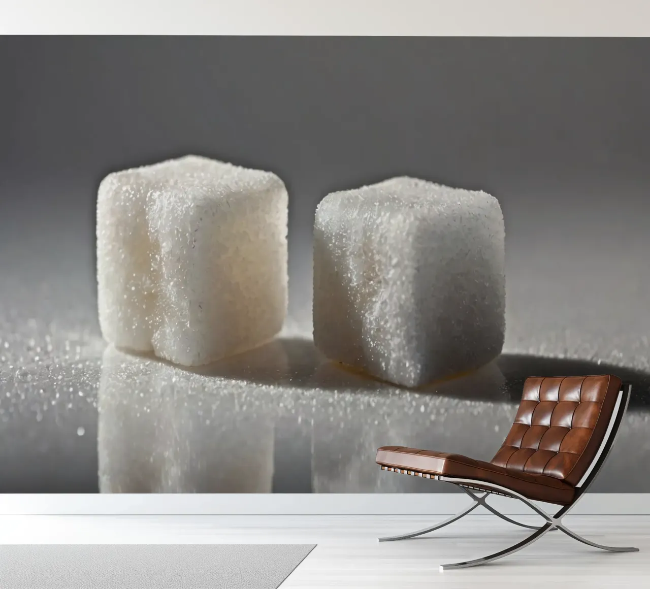 Two sugar cubes on a reflective surface with soft lighting photo wallpaper by DesignDoodle