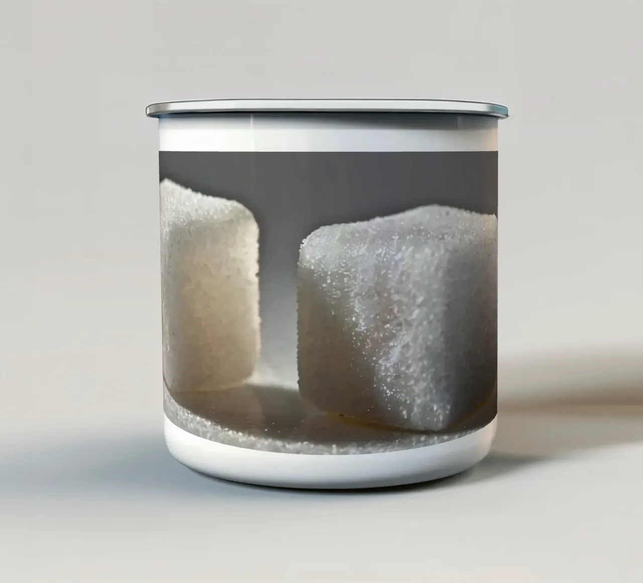 Due zollette di zucchero su una superficie riflettente con luci soffuse tazza in smalto da DesignDoodle