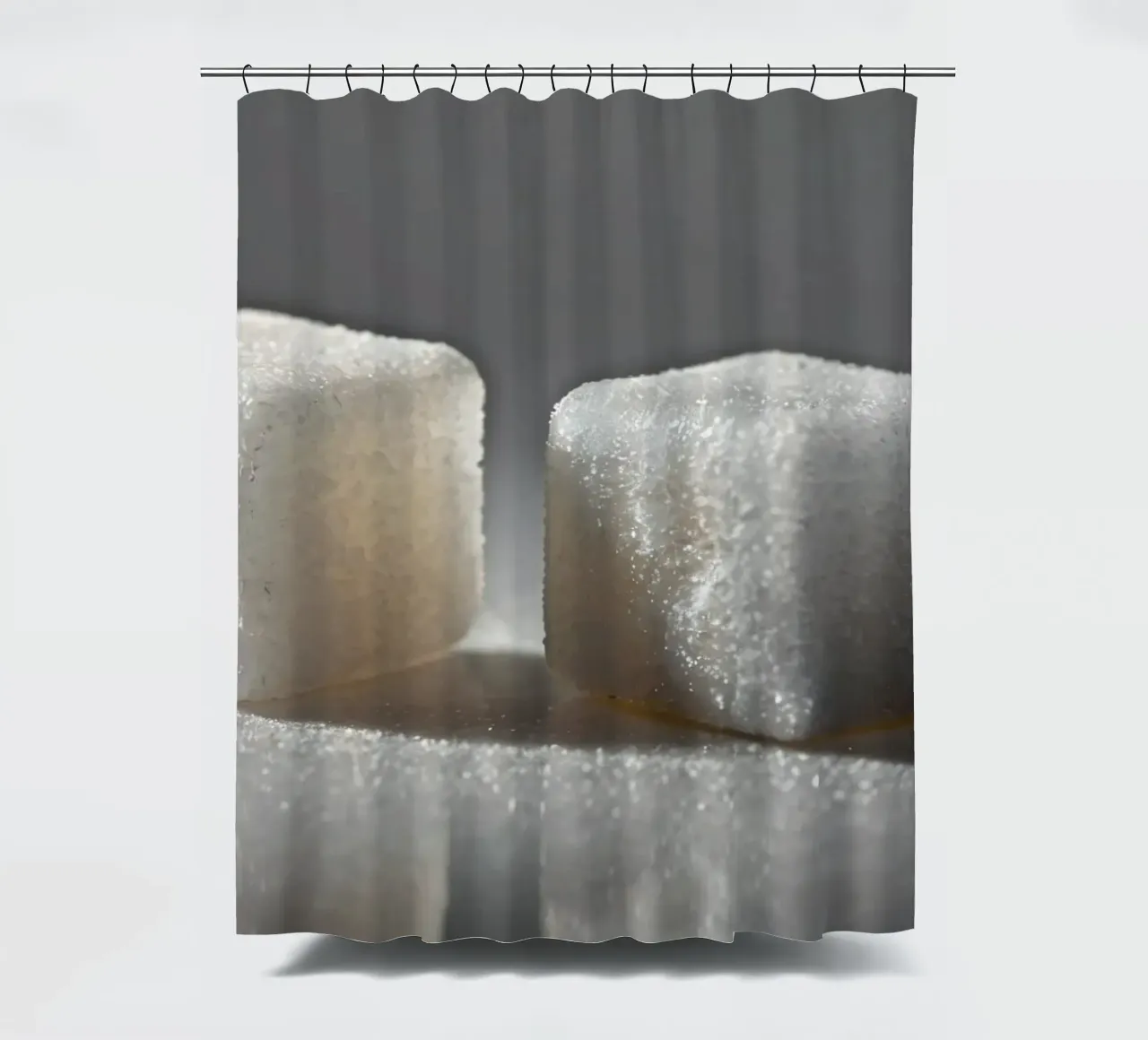 Two sugar cubes on a reflective surface with soft lighting shower curtain by DesignDoodle